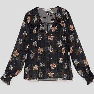 Zara Sheer Floral Print Top with Velvet Accents